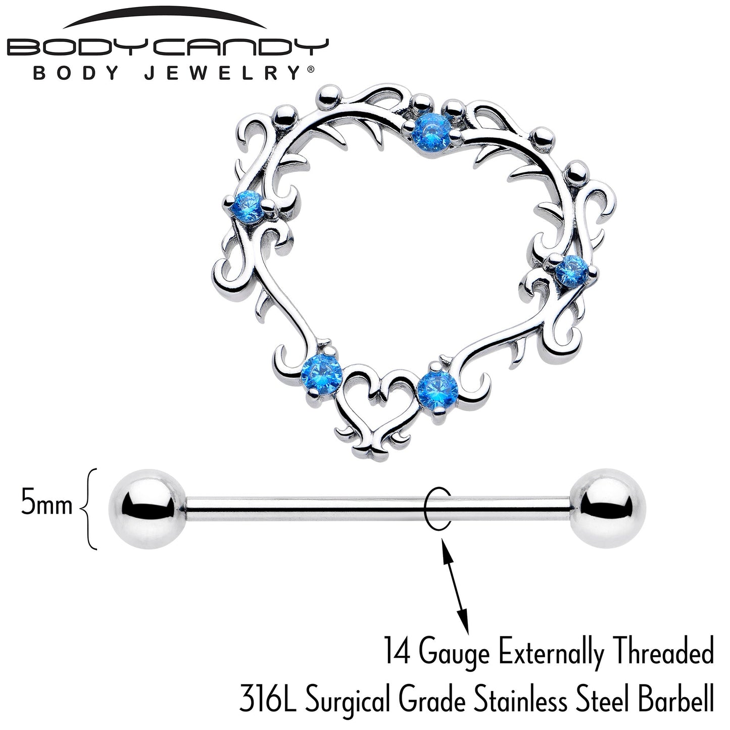 14G 9/16 Blue CZ Gem Leafy Heart Nipple Shield Set