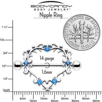 14G 9/16 Blue CZ Gem Leafy Heart Nipple Shield Set