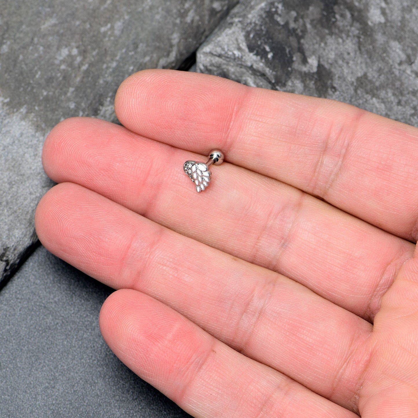 16G 1/4 Clear Gem Heavenly Heart Angel Wing White Cartilage Stud