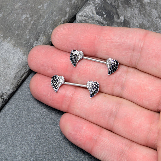 14G 9/16 Clear Gem Heavenly Heart Angel Wing Black Nipple Ring Set