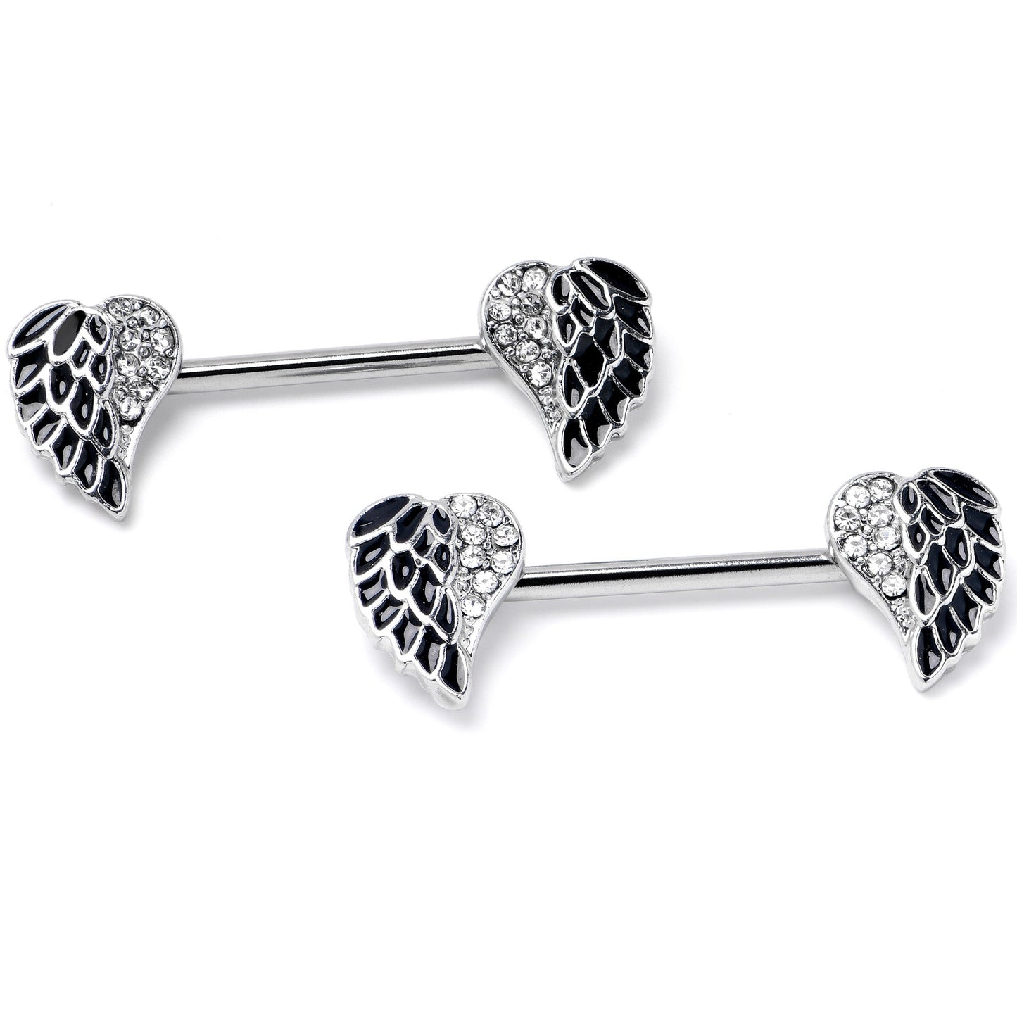 14G 9/16 Clear Gem Heavenly Heart Angel Wing Black Nipple Ring Set