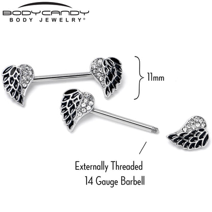 14G 9/16 Clear Gem Heavenly Heart Angel Wing Black Nipple Ring Set