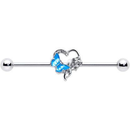 14G Clear Gem Butterfly Flower Blue Industrial Barbell 38mm