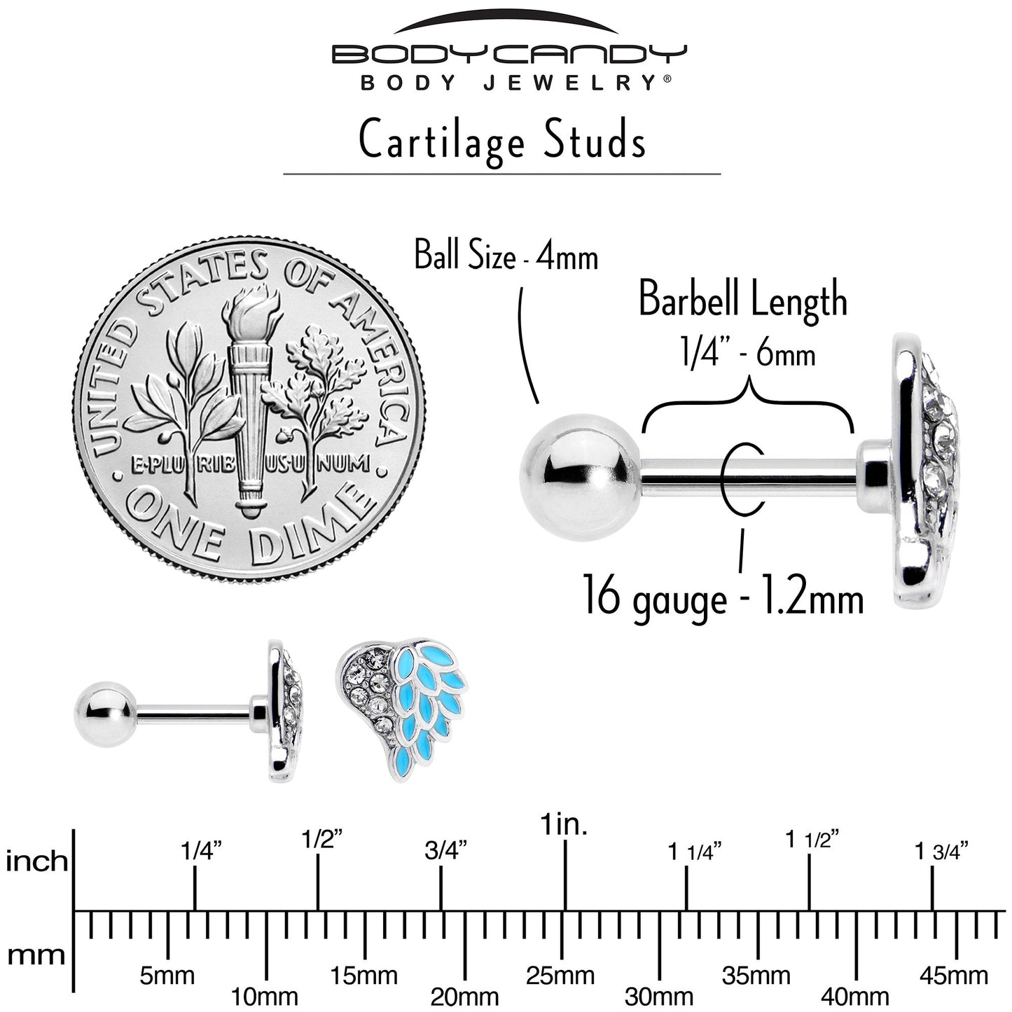 16G 1/4 Clear Gem Heavenly Heart Angel Wing Blue Cartilage Earring