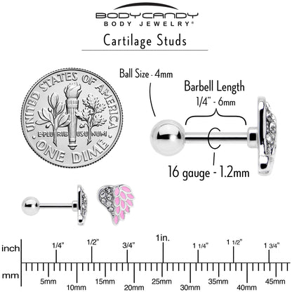 16G 1/4 Clear Gem Heavenly Heart Angel Wing Pink Cartilage Earring