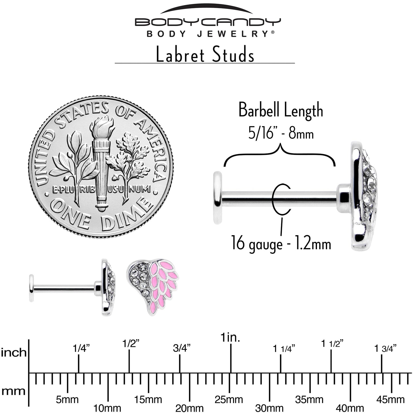16G 5/16 Clear Gem Heavenly Heart Angel Wing Pink Labret Tragus
