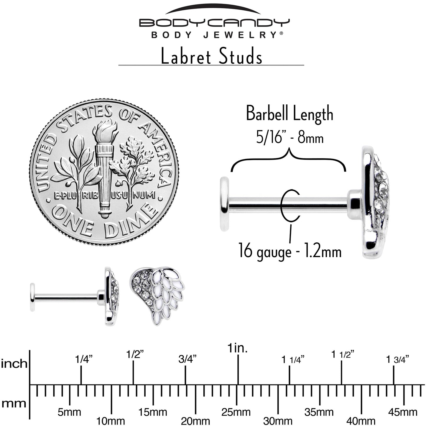16G 5/16 Clear Gem Heavenly Heart Angel Wing White Labret Tragus