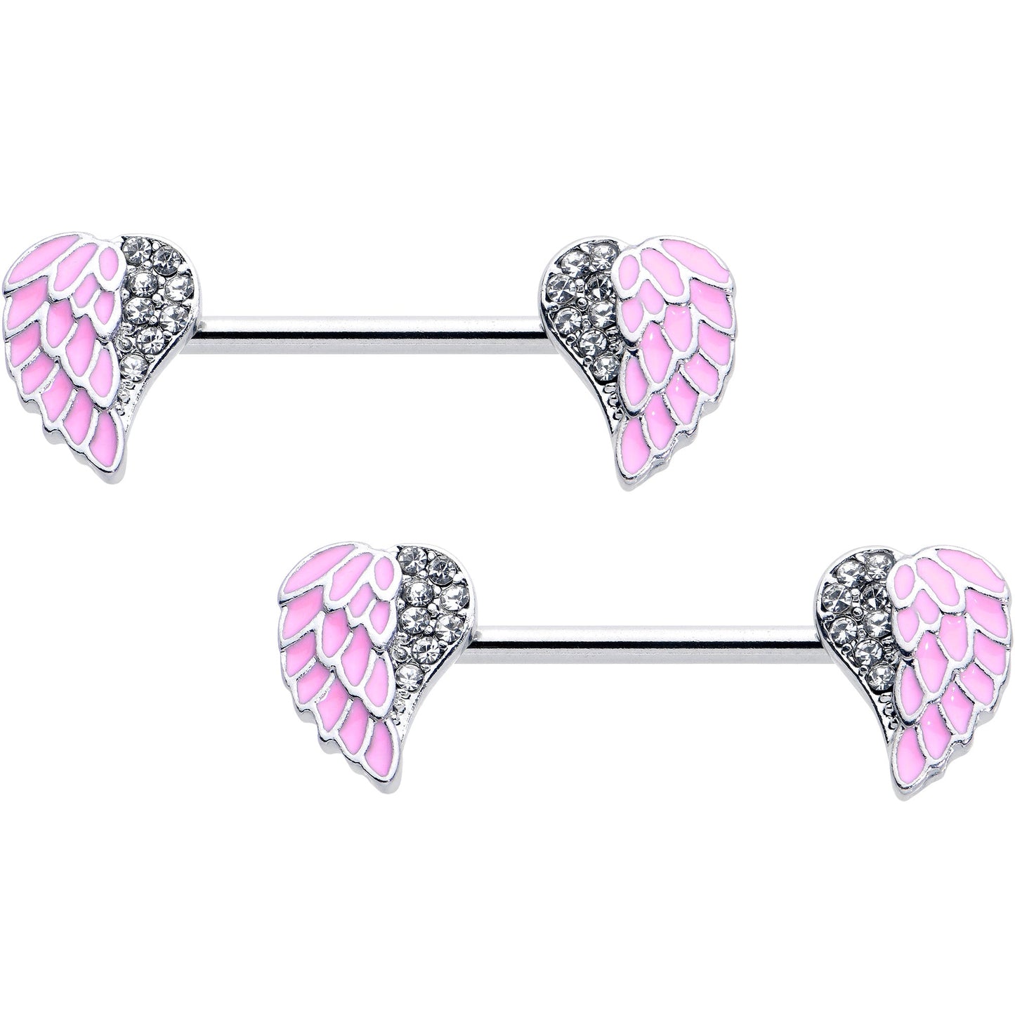 14G 9/16 Clear Gem Heavenly Heart Angel Wing Pink Nipple Ring Set
