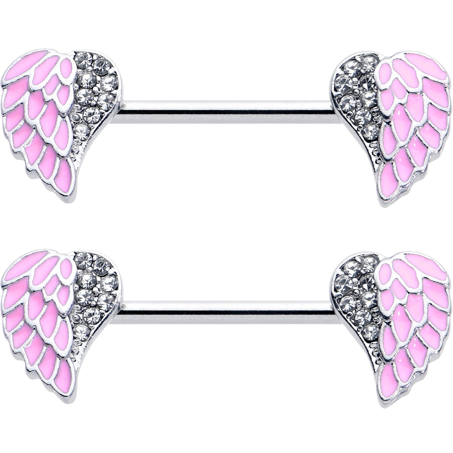 14G 9/16 Clear Gem Heavenly Heart Angel Wing Pink Nipple Ring Set