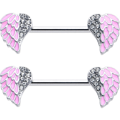 14G 9/16 Clear Gem Heavenly Heart Angel Wing Pink Nipple Ring Set