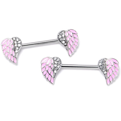 14G 9/16 Clear Gem Heavenly Heart Angel Wing Pink Nipple Ring Set