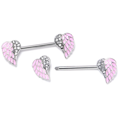 14G 9/16 Clear Gem Heavenly Heart Angel Wing Pink Nipple Ring Set