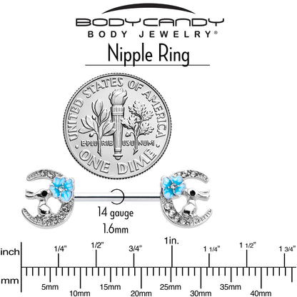 14G 9/16 Clear Gem Rabbit On Moon Flower Blue Nipple Ring Set