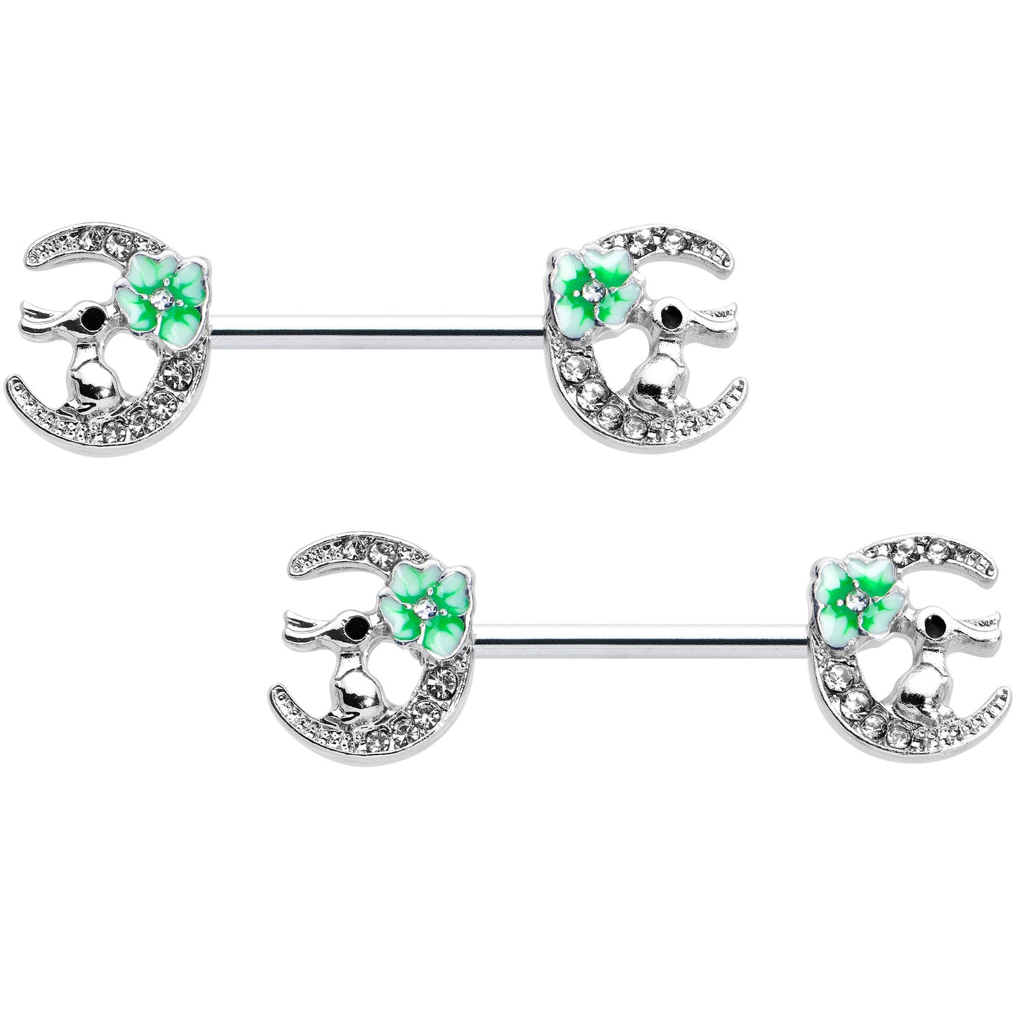 14G 9/16 Clear Gem Rabbit On Moon Flower Green Nipple Ring Set