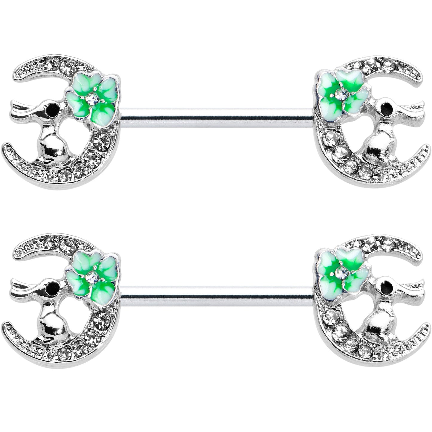 14G 9/16 Clear Gem Rabbit On Moon Flower Green Nipple Ring Set