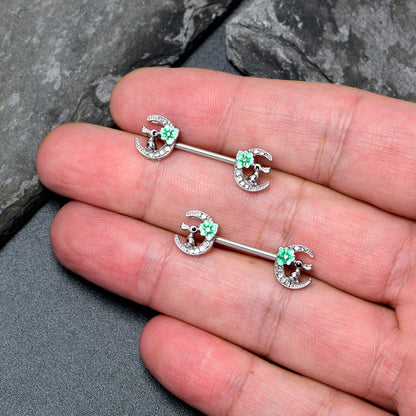 14G 9/16 Clear Gem Rabbit On Moon Flower Green Nipple Ring Set