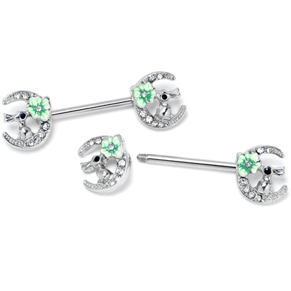 14G 9/16 Clear Gem Rabbit On Moon Flower Green Nipple Ring Set