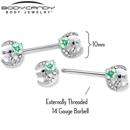 14G 9/16 Clear Gem Rabbit On Moon Flower Green Nipple Ring Set