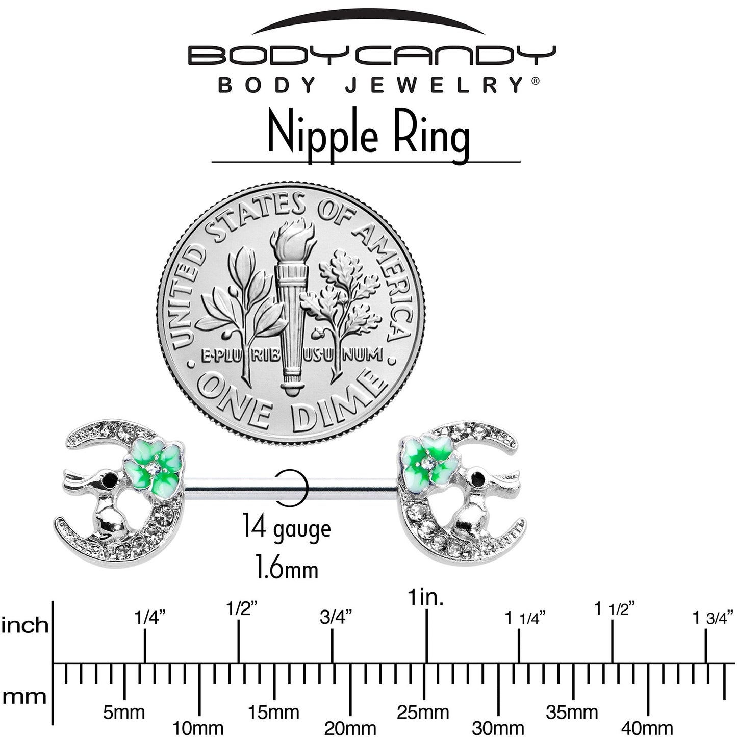 14G 9/16 Clear Gem Rabbit On Moon Flower Green Nipple Ring Set