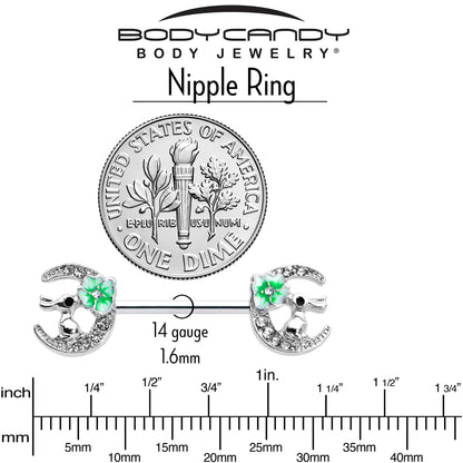 14G 9/16 Clear Gem Rabbit On Moon Flower Green Nipple Ring Set