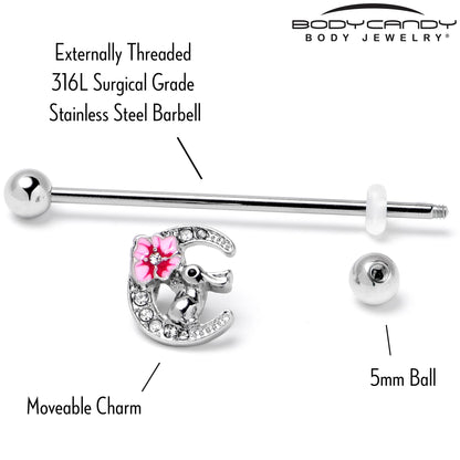 14G Clear Gem Rabbit On Moon Flower Pink Industrial Barbell 38mm