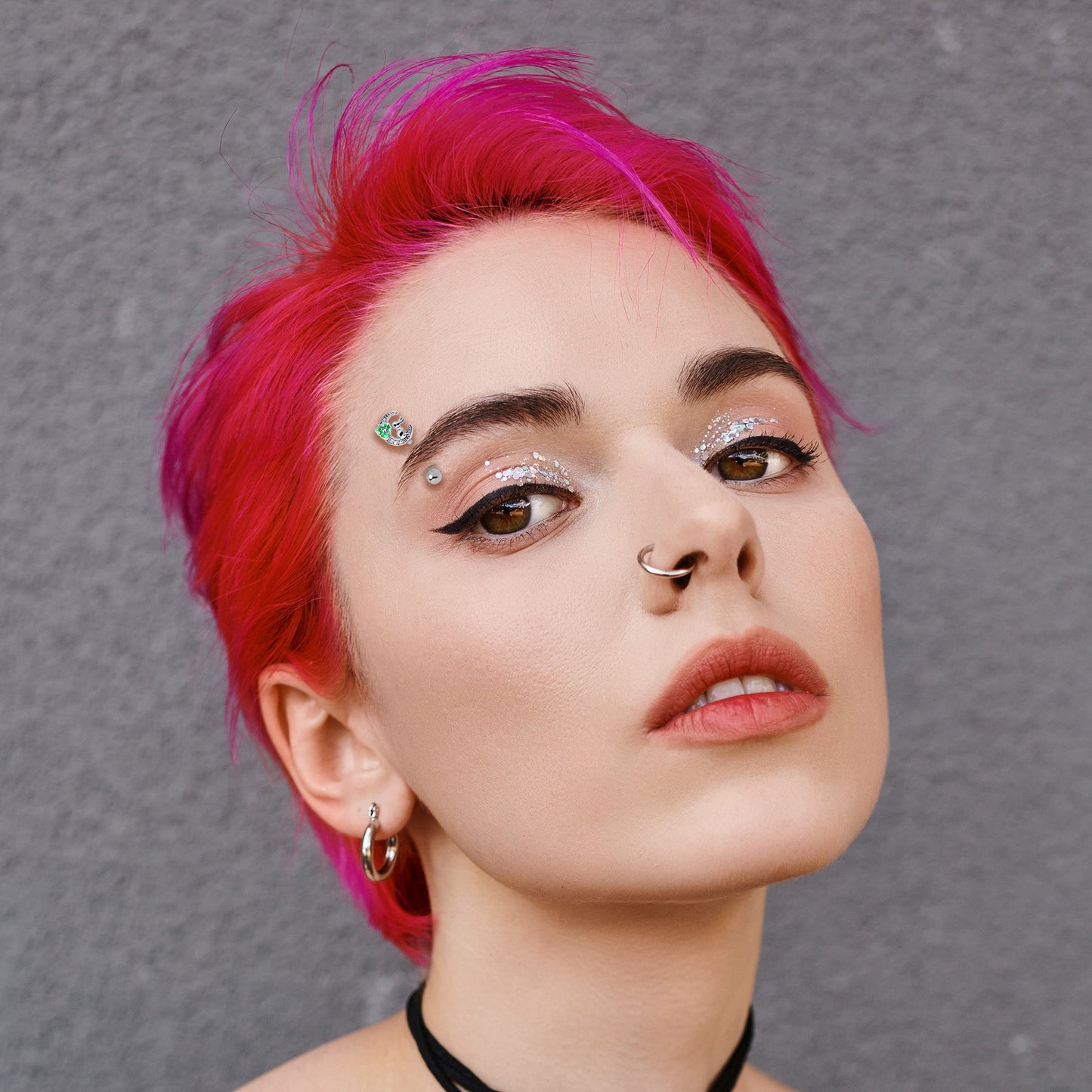 16G 5/16 Clear CZ Gem Rabbit On The Moon Green Curved Eyebrow Ring