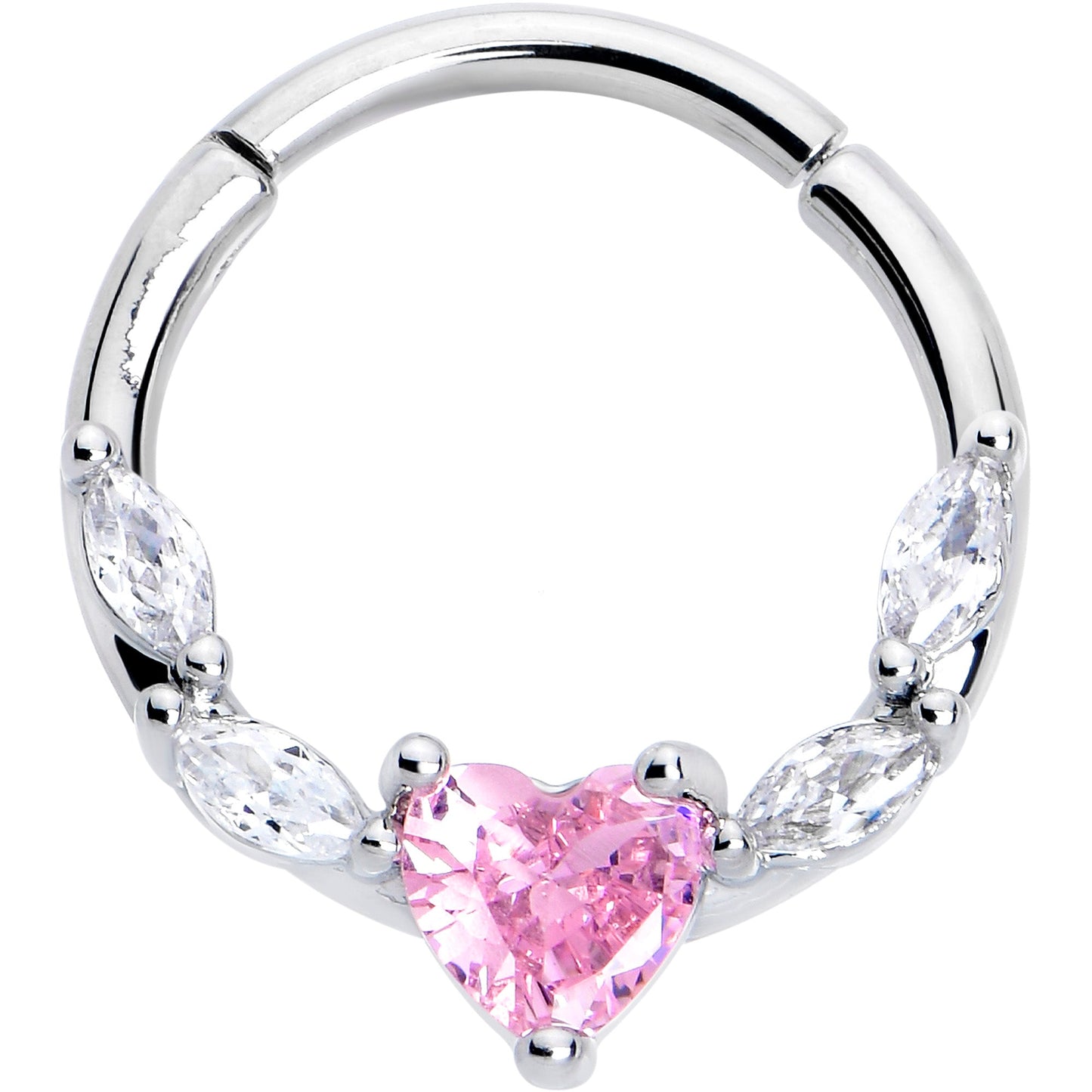 16G 3/8 Pink Clear CZ Gem Simply Heart Hinged Segment Ring