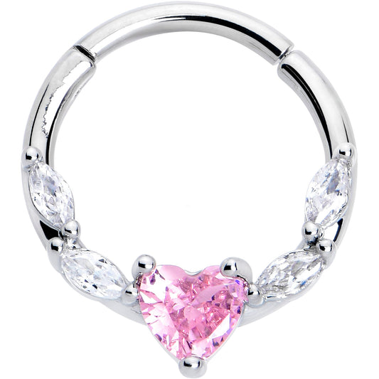 16G 3/8 Pink Clear CZ Gem Simply Heart Hinged Segment Ring