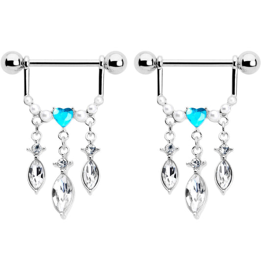 14G 9/16 Blue Gem Heart Triple Drop Dangle Nipple Ring Set