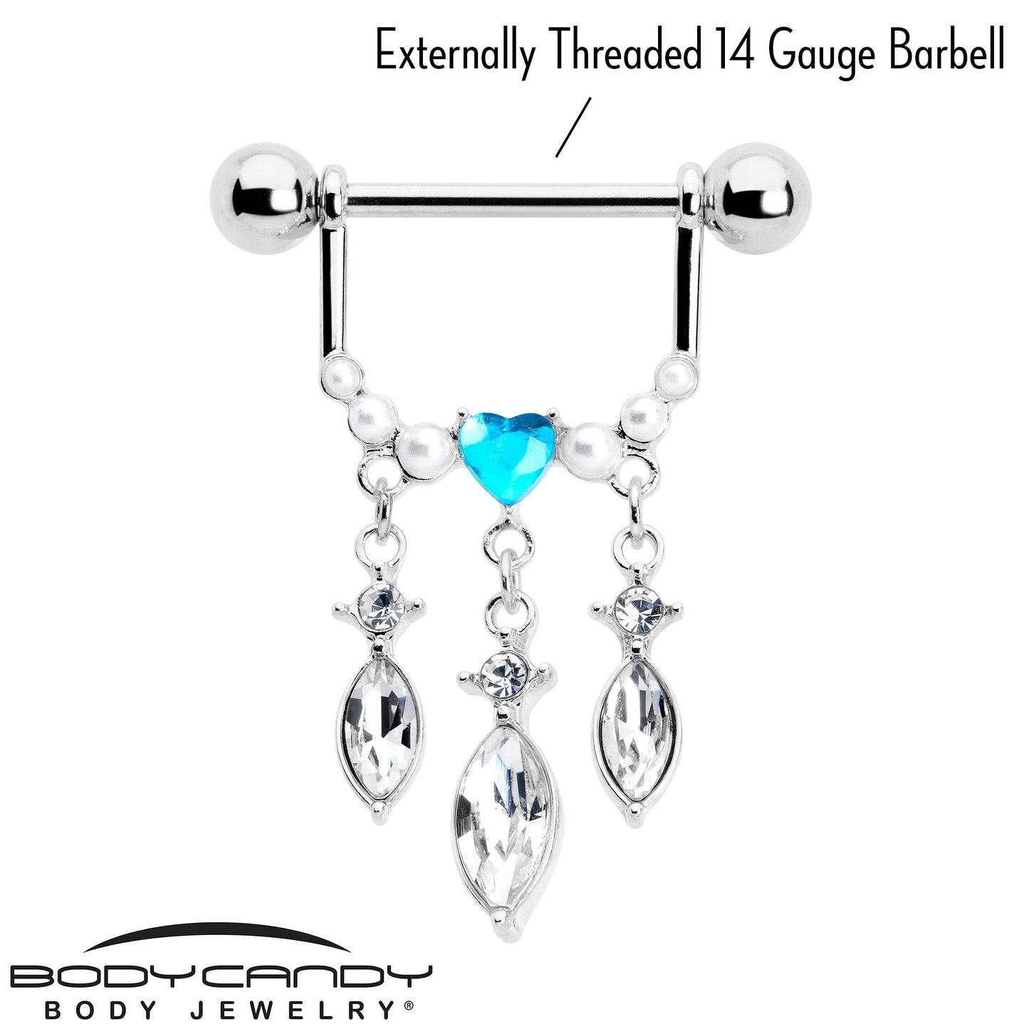 14G 9/16 Blue Gem Heart Triple Drop Dangle Nipple Ring Set