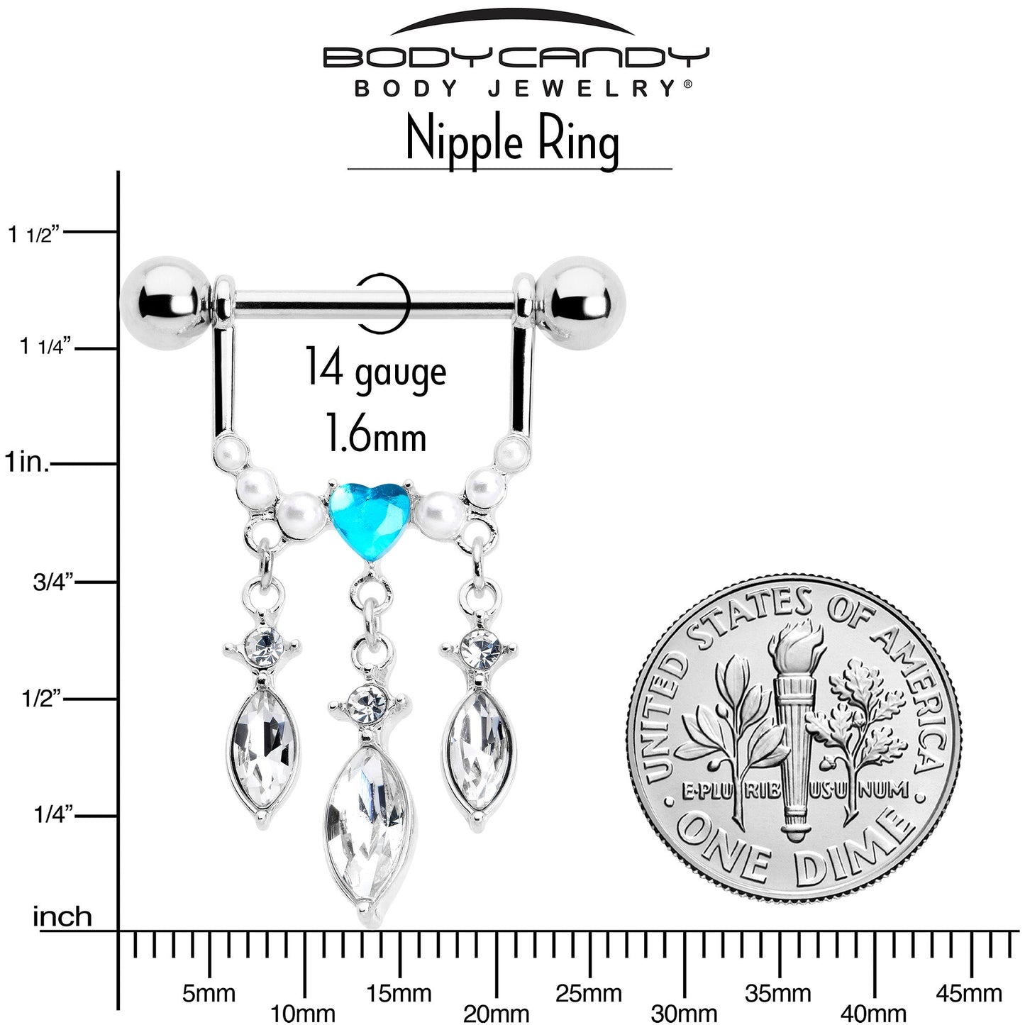 14G 9/16 Blue Gem Heart Triple Drop Dangle Nipple Ring Set