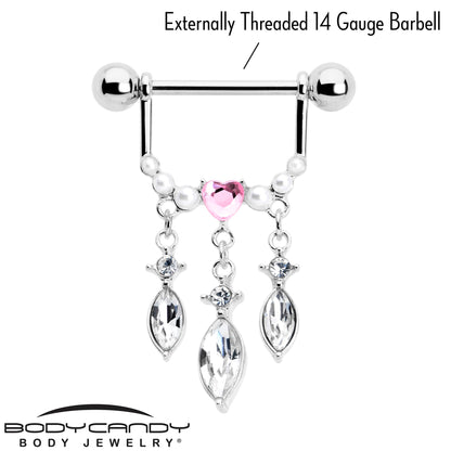 14G 9/16 Pink Gem Heart Triple Drop Dangle Nipple Ring Set