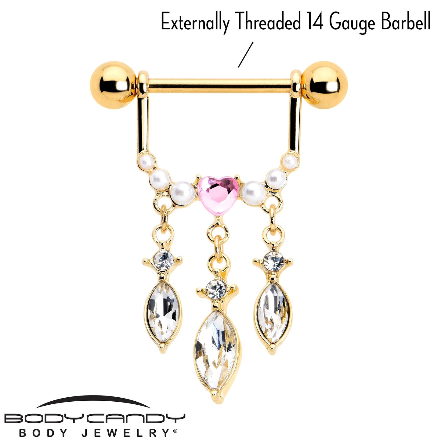 14G 9/16 Pink Gem Gold Tone Heart Triple Dangle Nipple Ring Set