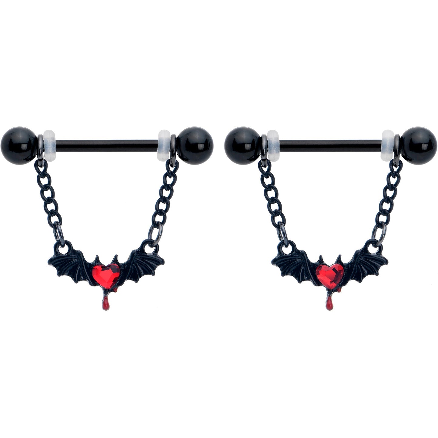 14G 9/16 Red Gem Black Bleeding Heart Bat Dangle Nipple Ring Set