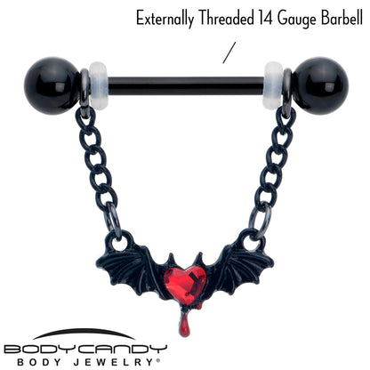 14G 9/16 Red Gem Black Bleeding Heart Bat Dangle Nipple Ring Set