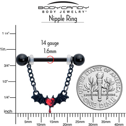 14G 9/16 Red Gem Black Bleeding Heart Bat Dangle Nipple Ring Set