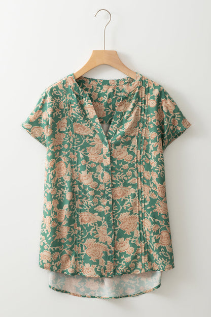 Floral Pleated Button V-Neck Short Sleeve Blouse