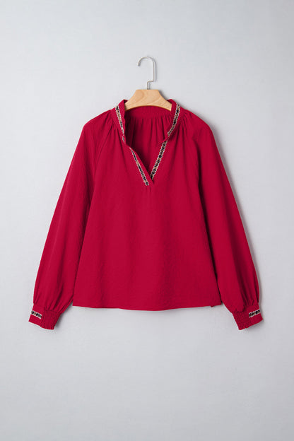 Leopard Contrast Trim V-Neck Long Sleeve Blouse