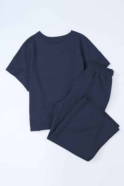 Solid Textured T-Shirt and Drawstring Pants Set