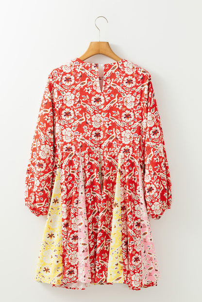 Floral Patchwork Long Sleeve Pleated Mini Dress