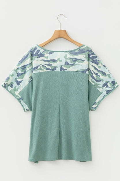 Plus Size Camo Ribbed Patchwork V-Neck Tee
