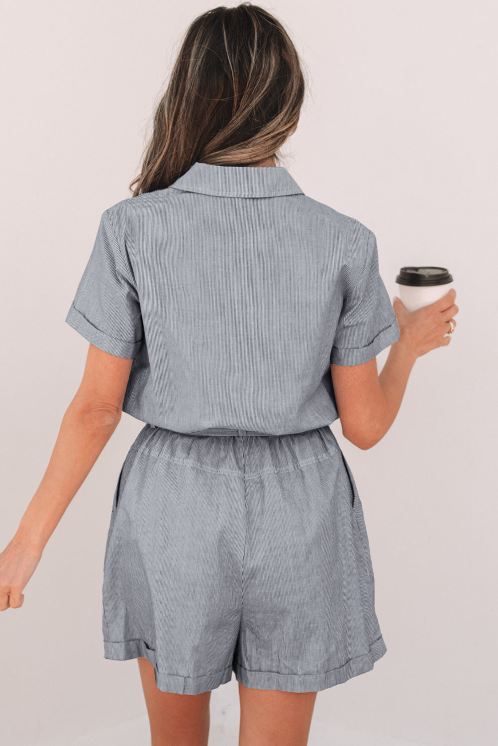 Stripe Chest Pockets Buttoned Belted High-Waist Romper