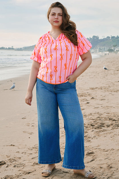 Plus Size Bowknot Shirred V-Neck Blouse