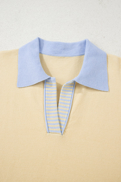 Stripe Colorblock Collared Drop Shoulder Sweater