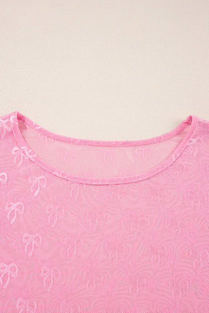 Plus Size Bow Tie Mesh Embroidered Long Sleeve Top