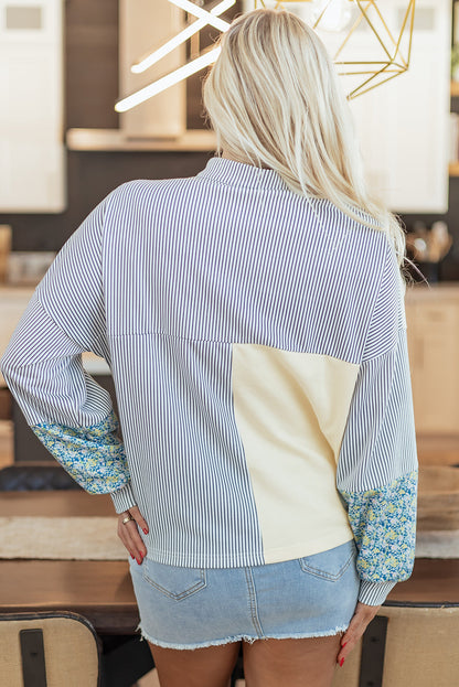 Floral Stripe Collared V-Neck Drop Sleeve Sweatshirt