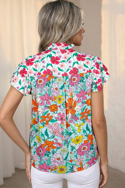 Floral Flutter Sleeve Split Neck Buttoned Blouse