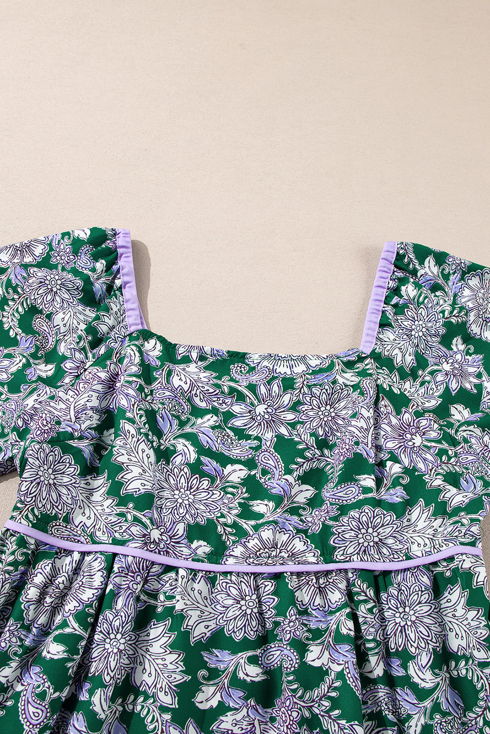 Floral Piping Trim Bubble Sleeve Square Dress