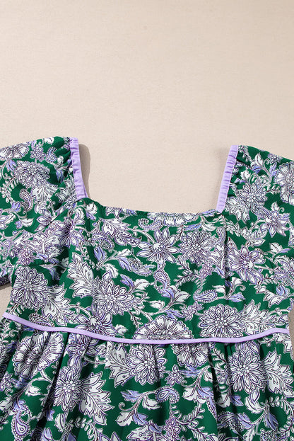 Floral Piping Trim Bubble Sleeve Square Dress