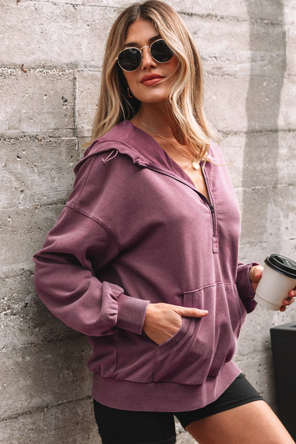 Solid Half-Zip Kangaroo Pocket Baggy Hoodie